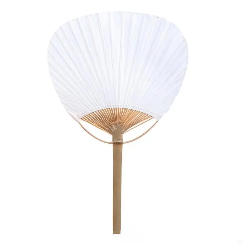 

97QE Round Hand Fan with Natural Handle Blank Paper Fans Foldable For Children