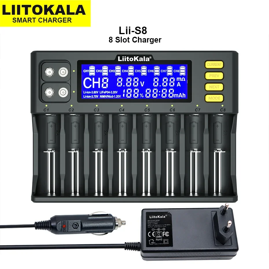 LiitoKala Lii-S8 Lii-PD4 Li-ion 3.7V NiMH 1.2V Li-FePO4 3.2V IMR 3.8V For 18650 26650 21700 26700 18350 AA AAA Battery Charger