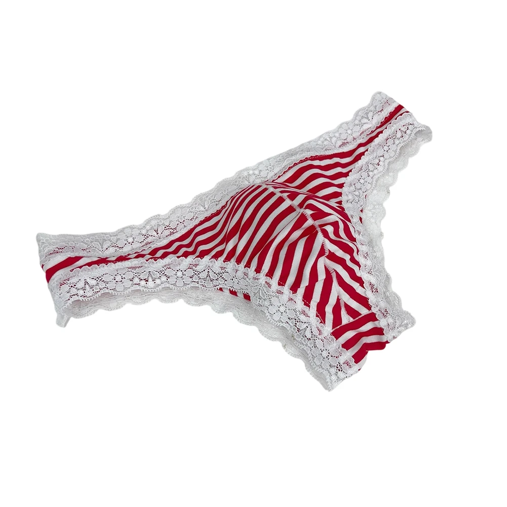 Men Lace Trim Striped G-string Underwear Half-covered Butt Low-rise Pantie Thong Striped High Elastic Low Waist Panties