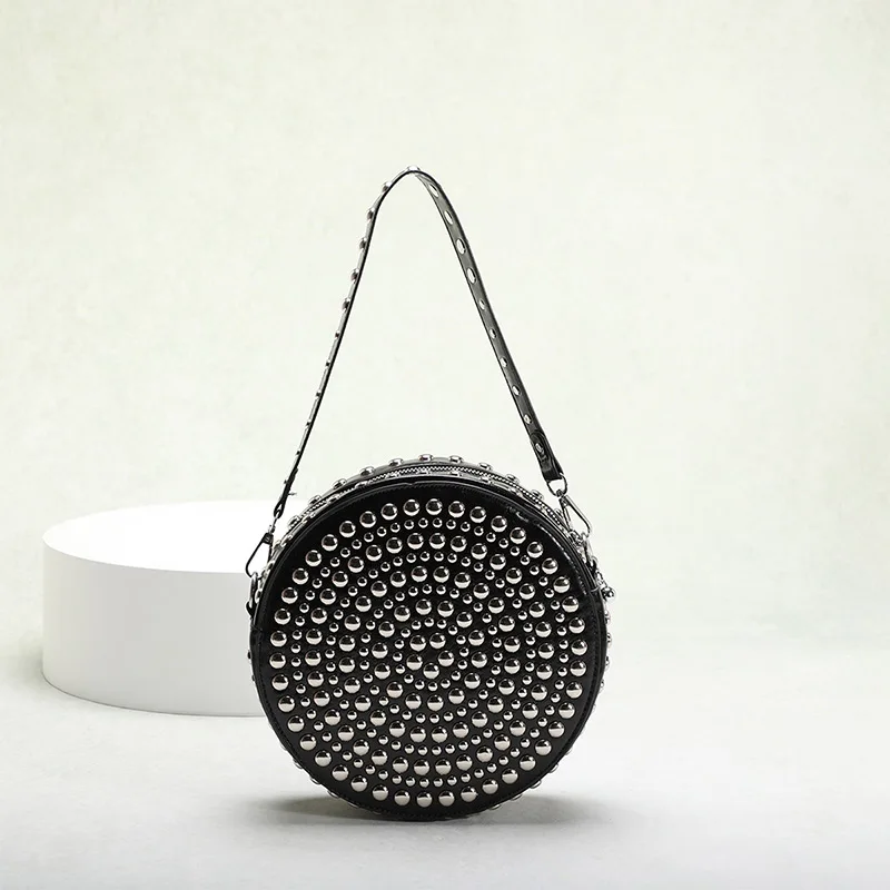

2025 Новая модная женская сумка через плечо с круглыми заклепками, роскошная сумка-мессенджер из искусственной кожи с цепочкой, маленькая круглая сумка для барабанов, сумка для шин