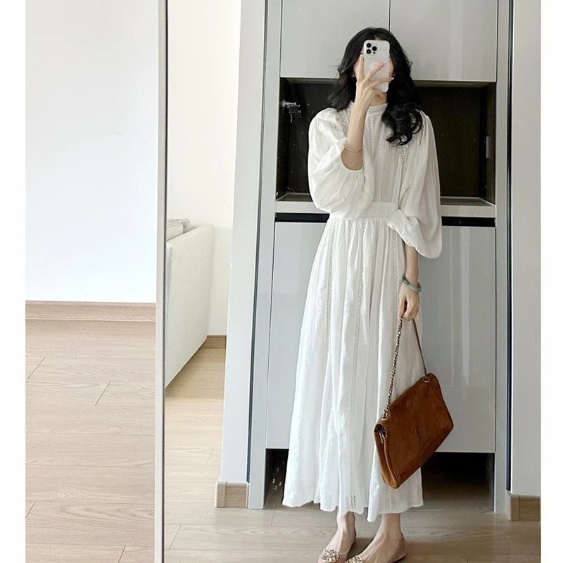 韓国シックな春フレンチ Simplici レーススタンドカラーパッチワークカットアウトレースかぎ針編みプリーツウエストタイトドレス女性