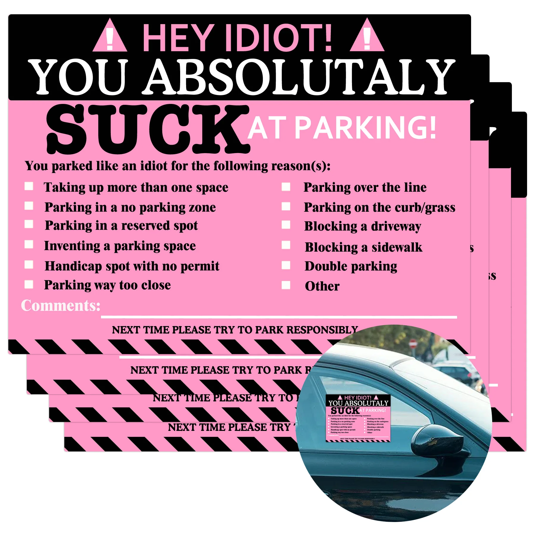 

Illegally Parked 50 Pcs Pink You Parked Like an Idiot Business Sticker 7.5*5.5 Inch Super Sticky Warning Stickers