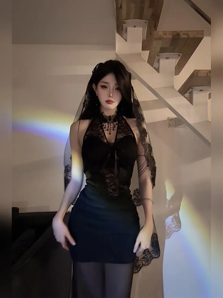 فستان أسود مثير من الدانتيل الشفاف برقبة معلقة، زي هالوين، مقاس كبير، تنورة ضيقة على شكل ذيل حورية البحر، فستان طويل بخصر مرتفع