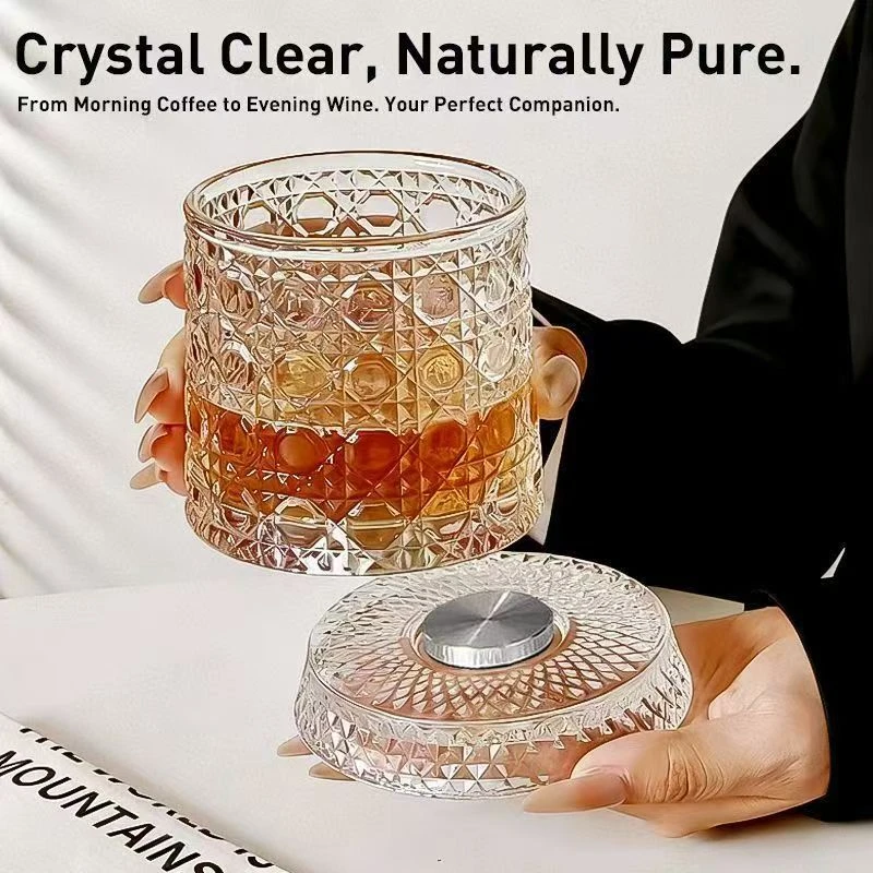 Luxury 360° Spinning Crystal Glass – Star-Cut Stress Relief Whiskey & Wine Glass.Set of 2 Rotating Wine Glasses.Elegant European Barware for Home.A Unique Christmas Gift for Your Boyfriend.