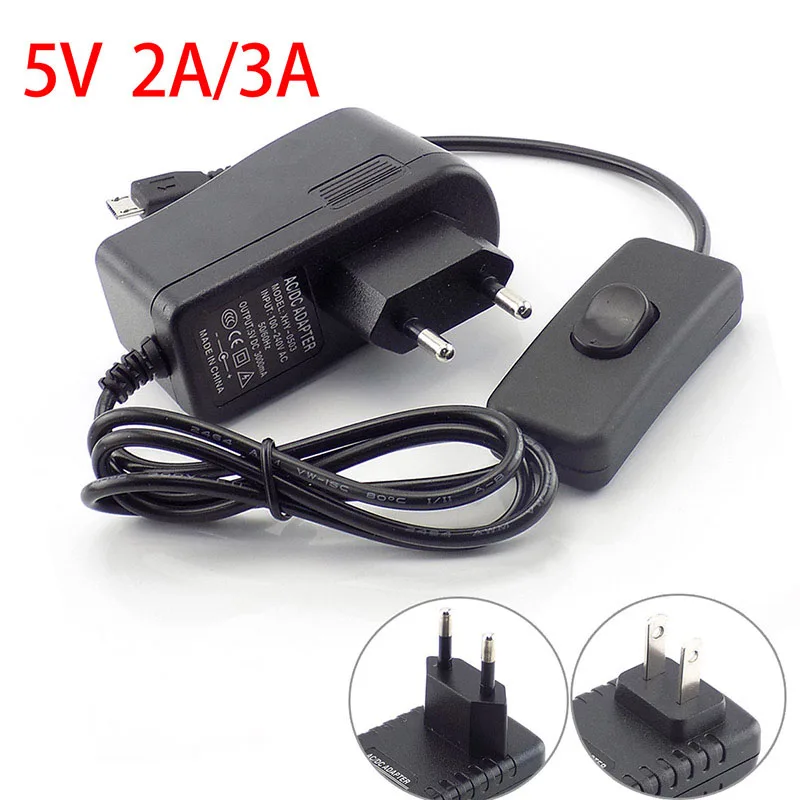 AC DC 5V 2A 3A 3000mA Micro USB DC Power Adapter supply US EU Plug on/off switch 100V 240V Converter charger for Raspberry Pi B