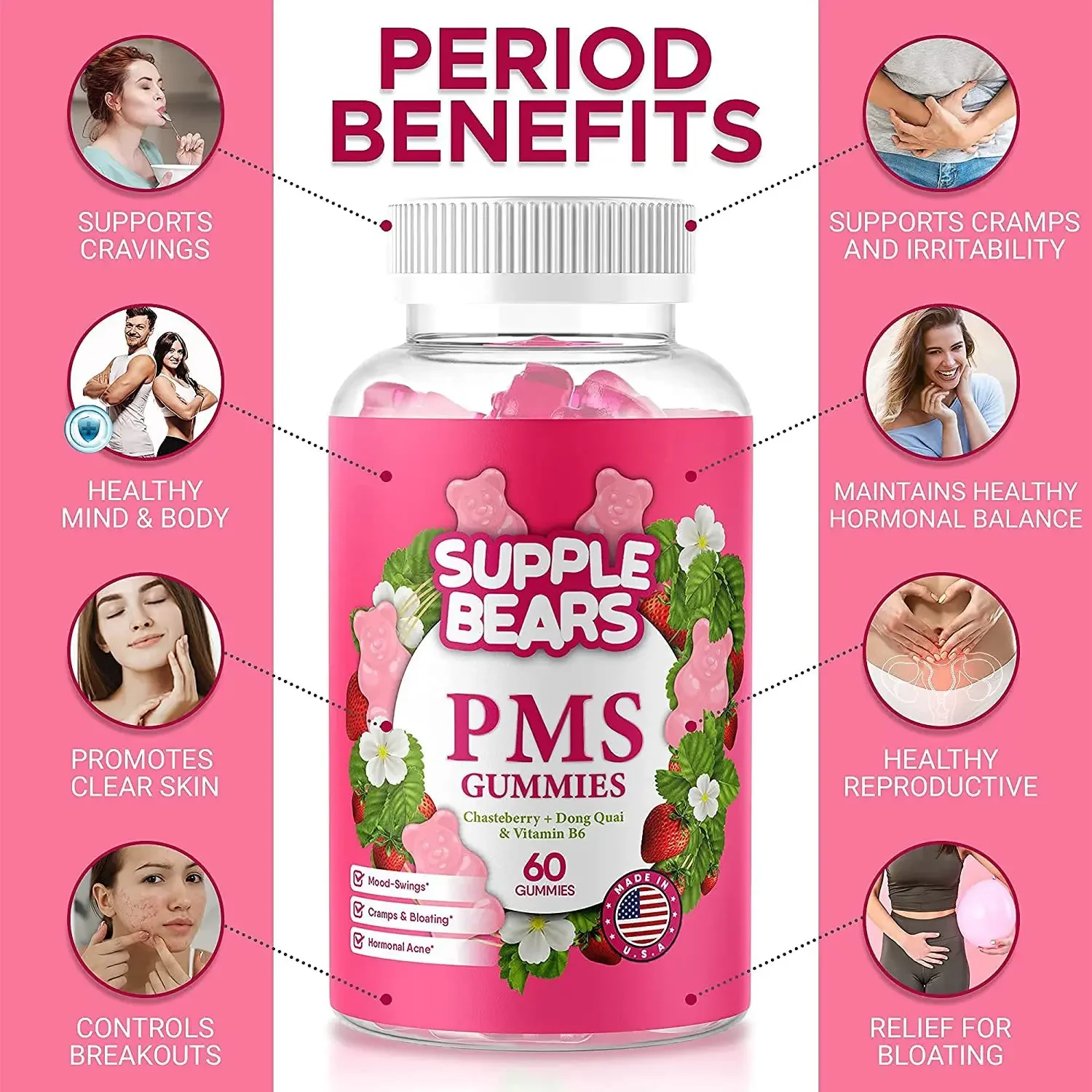 

1 Bottle 60 Pills Feminine Mood Relief Gummies Strawberry Flavor Menstrual Mood Relief Sleep Gummies Vitamin Gummies