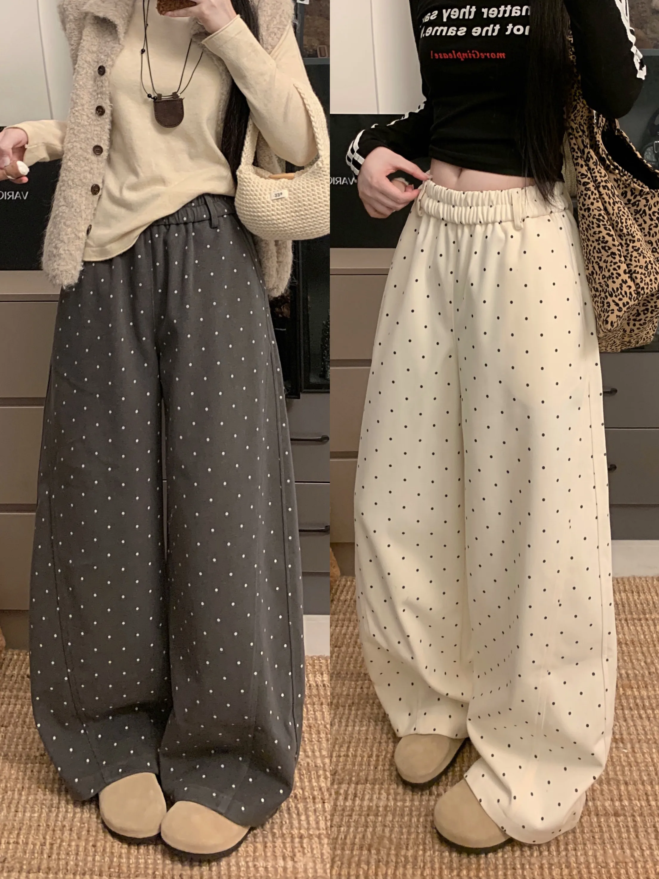 

Женские шерстяные повседневные брюки в горошек, осенне-зимние, универсальные, прямые, с высокой талией, свободные, широкие, в корейском стиле