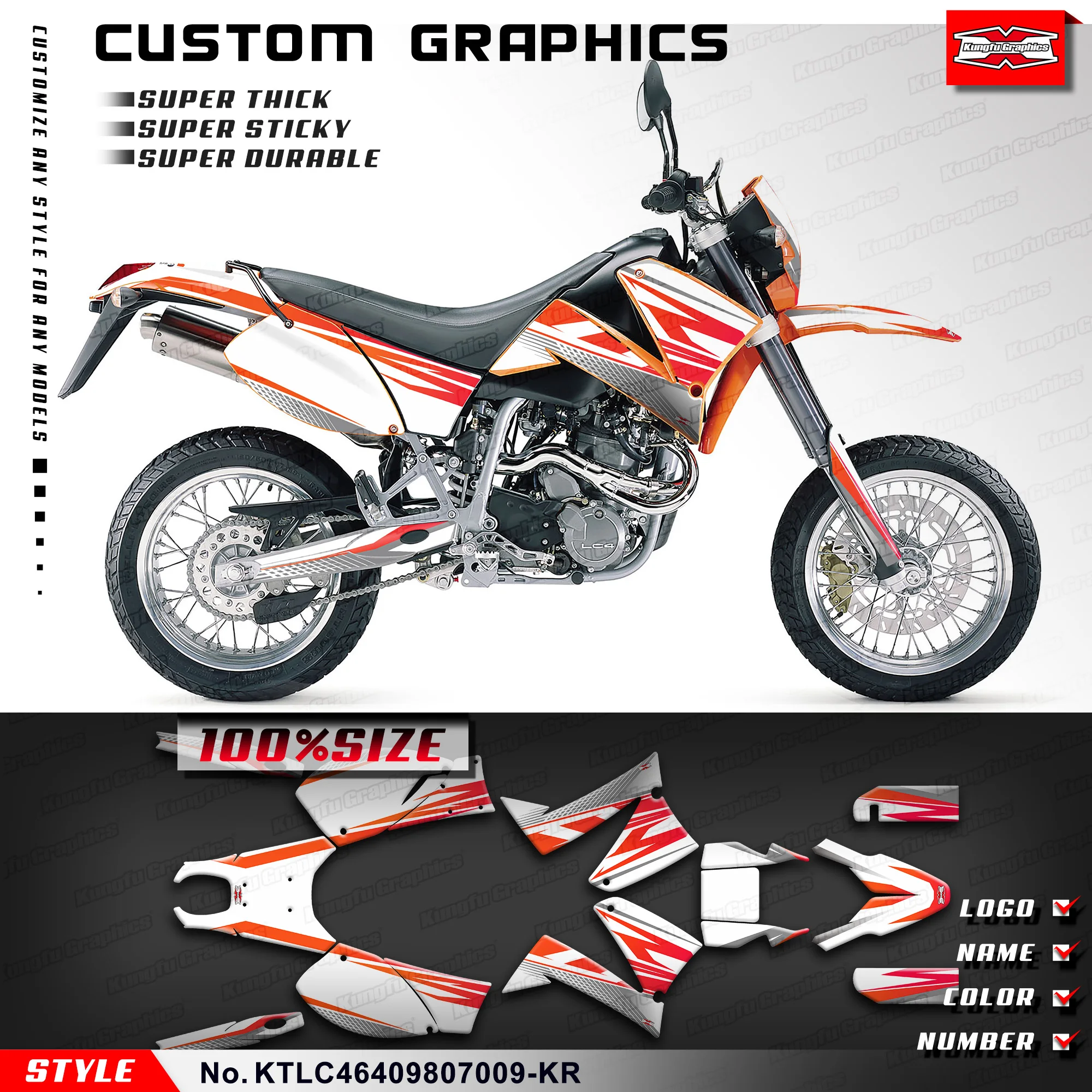 

KUNGFU GRAPHICS Racing Sticker Custom Motorcycle Decals for KTM LC4 640 1998-2007, KTLC46409807009-KR