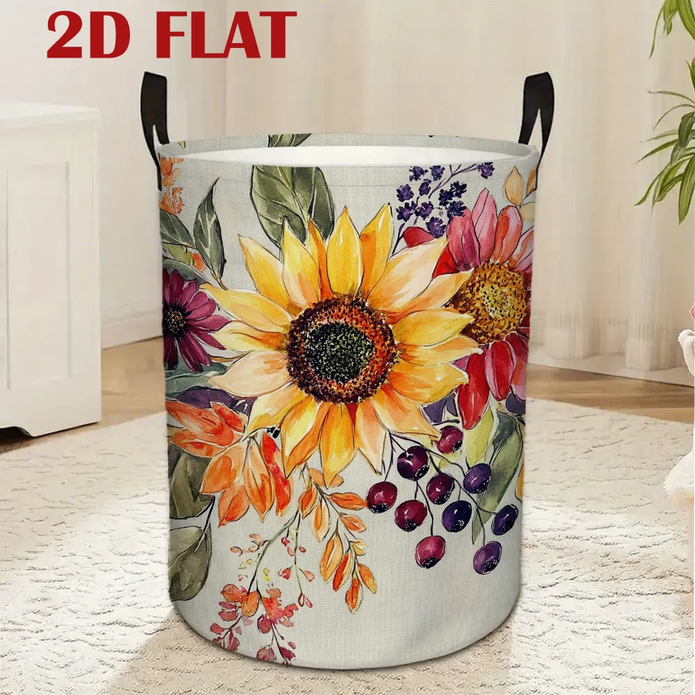 Round Dirty Laundry Basket, Sunflower Floral Watercolor Pattern, Organizing Basket Suitable for Storing Clothes/Books