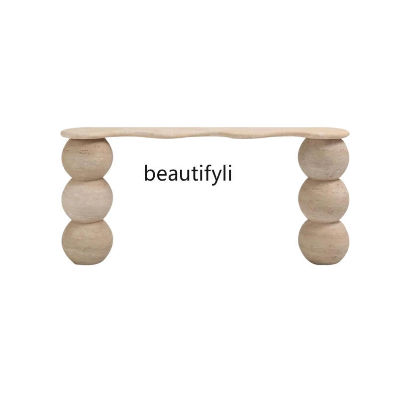 

High-end, light luxury marble travertine entrance table Ultra-narrow entrance table Villa hotel corridor case view table