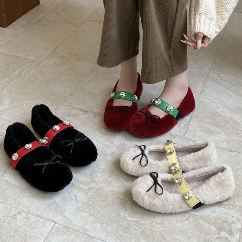 

Autumn Winter Plush Mules Female Bowknot Comfort Cotton Shoes Shallow Leisure Fashion Fluffy Warm Rhinestone Flat Shoes Women