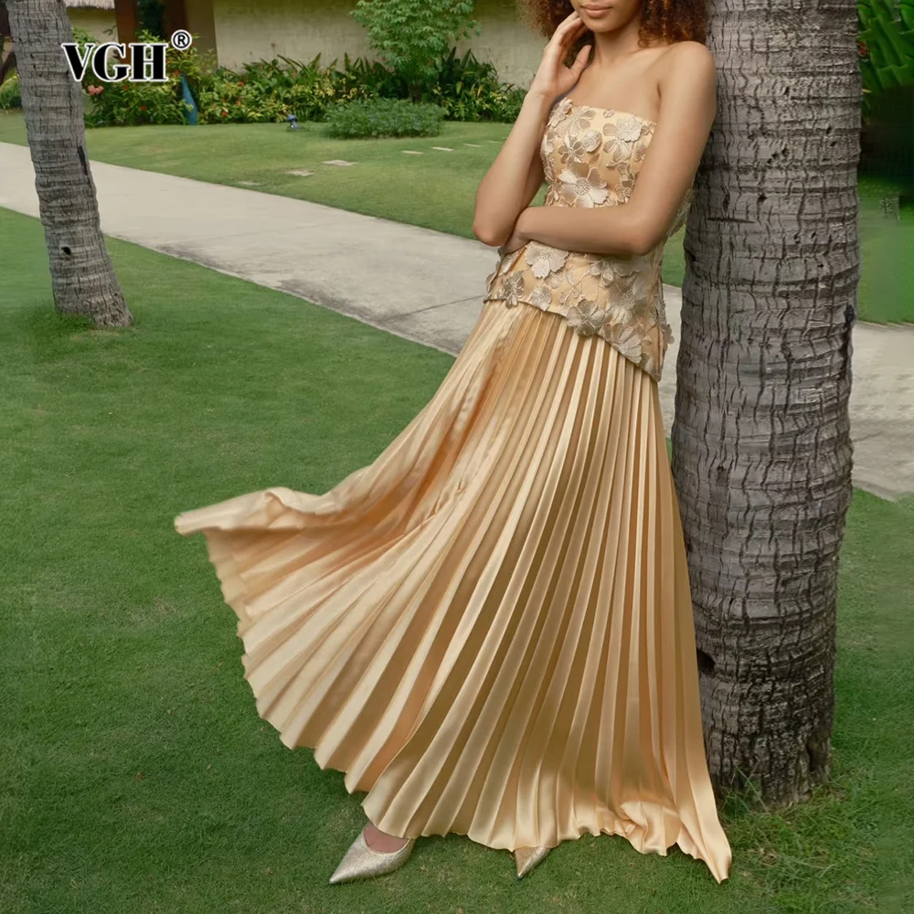 

VGH праздничный комплект из двух предметов с лоскутной аппликацией для женщин, топ без рукавов, плиссированная атласная юбка с высокой талией, сексуальный женский костюм, новый