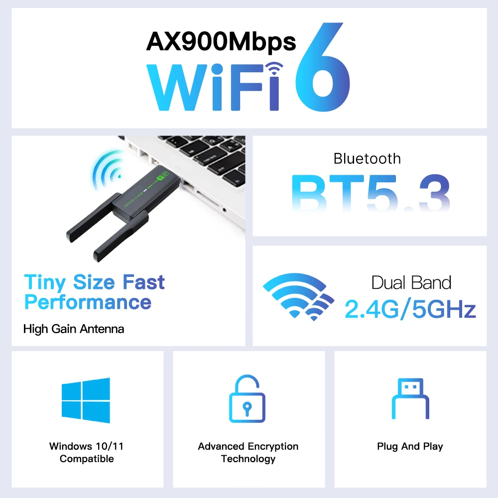 WiFi 6 AX900 Bluetooth 5.3/5.4 WiFi USB Adapter Wireless Network Card 2.4G&5GHz Wi-Fi Antenna Receive USB For PC/Laptop Win10/11