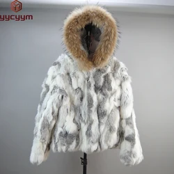 Winter Women Real Rabbit Fur Hooded Coat Natural Rabbit Fur Jacket With Raccoon Fur Collar Russia Lady Warm Real Fur Outerwear