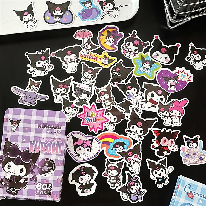 60 Stks/doos Kawaii Sanrio Stickers Hello Kitty Kuromi Cinnamoroll Pochacco Diy Hand Account Sticker Bakken Verzegelen Stickers