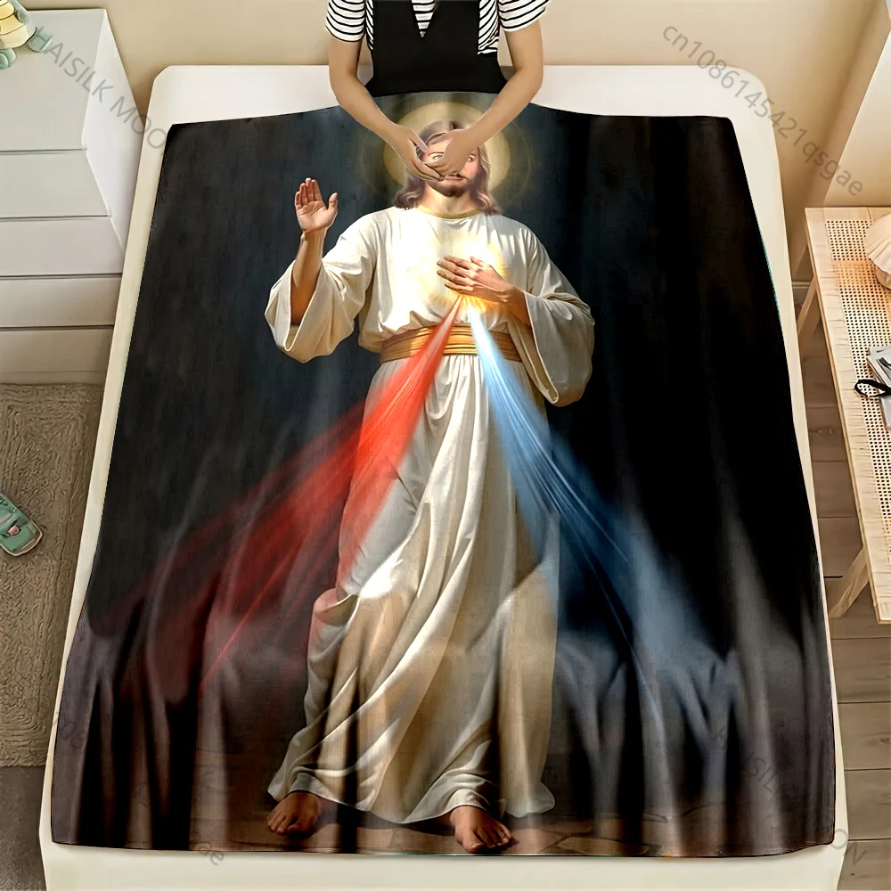 1PC Holy figure with red-blue rays Print Blanket Warm Soft Fluffy Kids Adult Sofa Bed Throw Blanket Outdoor Travel Camping RV