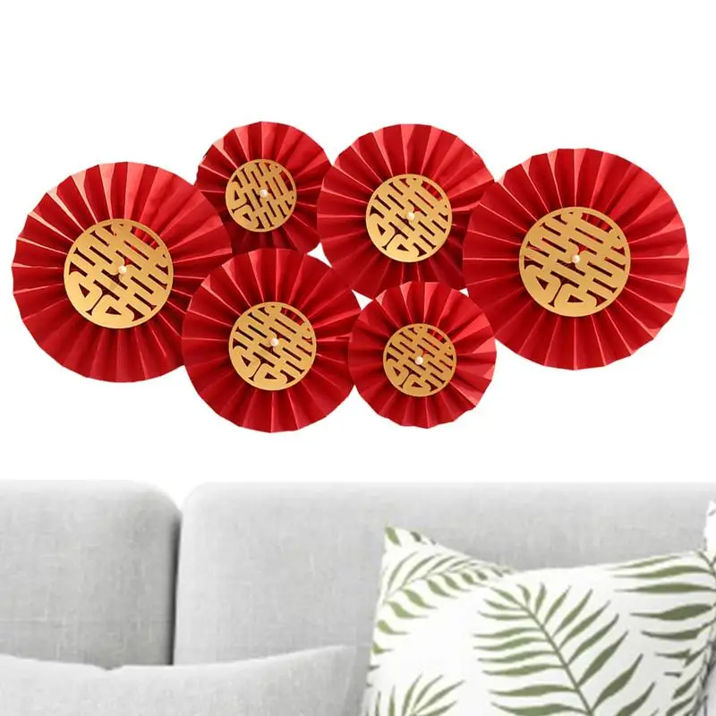 6pcs Red Hanging Paper Fan Chinese New Year Wedding Paper Fans Set Flower Paper Craft Flower Backdrops Decorations