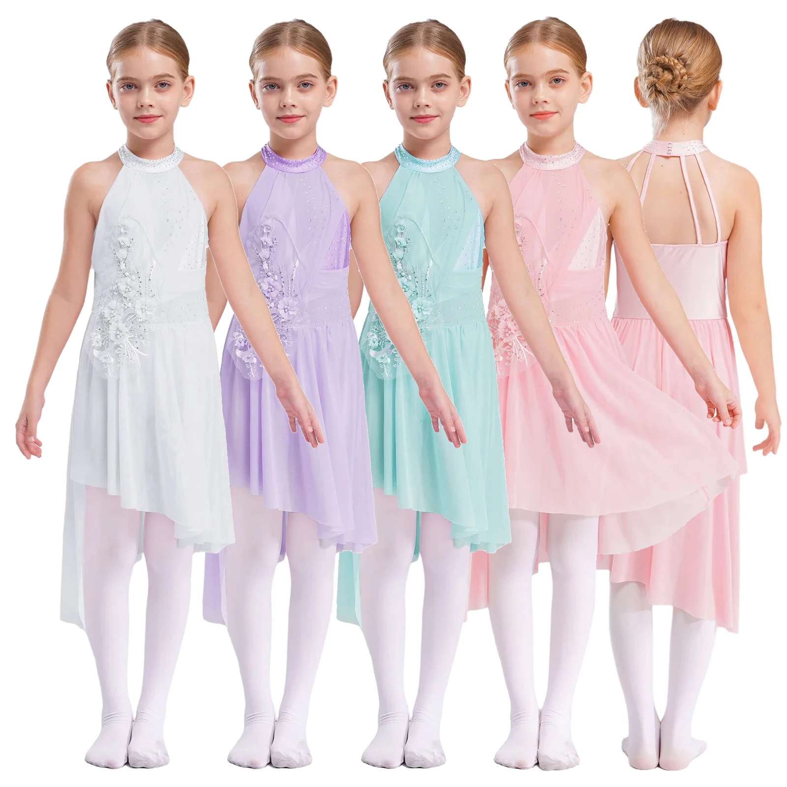 

Kid Girls Ballet Lyrical Dance Dresses Sleeveless Irregular Hem Sparkly Applique Dress Dancewear for Figure Skating Contemporary
