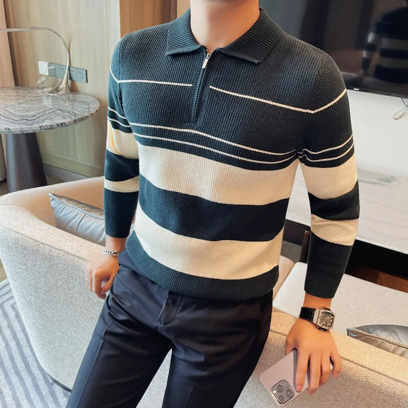 Turn-down Collar Half Zip Sweater Autumn Winter Classic Casual Striped Pullover Daily Knit Sweater