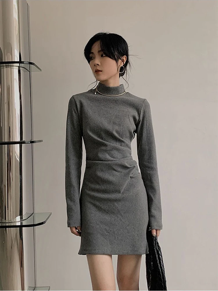 GIDYQ Fall Winter Women Dress Elegant Slim Half High Collar Bottoming Dress Fashion Plus Velvet Chic All Match Solid Mini Dress