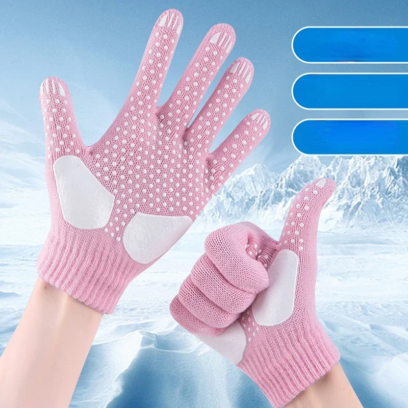 Guantes de patinaje sobre hielo antideslizantes para niños, hombres y mujeres, guantes de nieve de punto engrosados, resistentes al agua