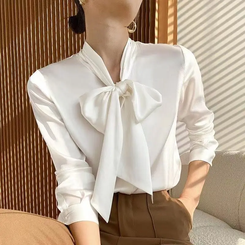 Camisa de seda extragrande com laço para mulheres, blusas de manga comprida, cardigã de seda elegante e elegante, senhora do escritório, marca de