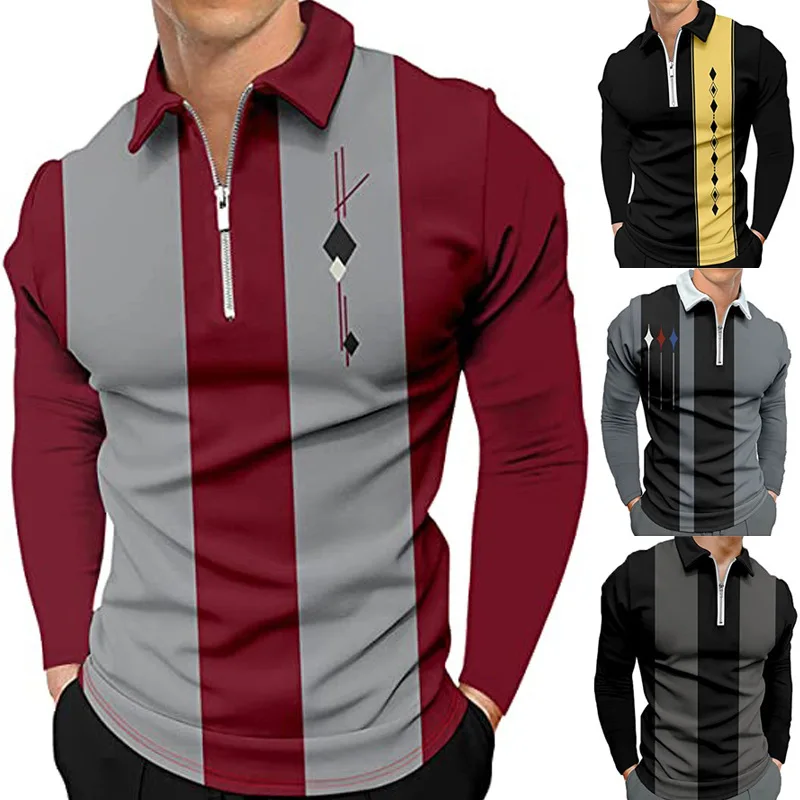 Cross Border Foreign Trade Amazon Men's Long Sleeved Lapel T-shirt Casual Zipper Sports GOLF Polo Shirt