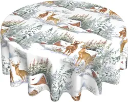 Christmas Reindeer Round Tablecloth 60 Inch Winter Snow White Table Cloth Polyester Table Cover Holiday Decorative for Christmas