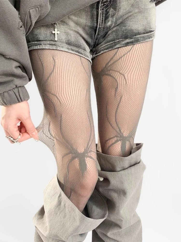 Neue Farbe Grau Nylon Spinne Muster Fishnet Strumpfhosen Frauen Sommer Sexy Mesh Strümpfe Subkultur Gothic Cool Aushöhlen Strumpfhosen
