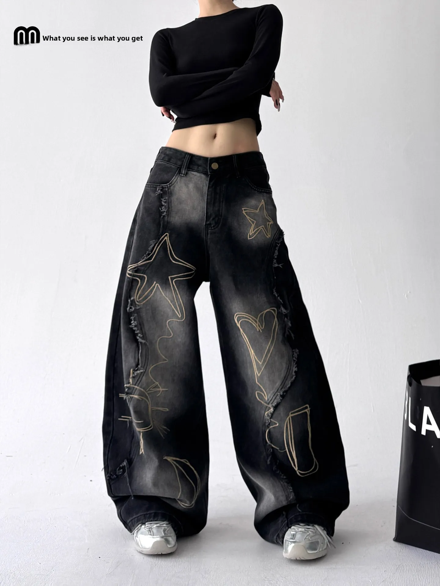 

Женские рваные джинсовые джинсы Bla adient, осень 2023, новые уличные крутые широкие брюки в стиле хип-хоп с высокой талией, хлопковые повседневные брюки