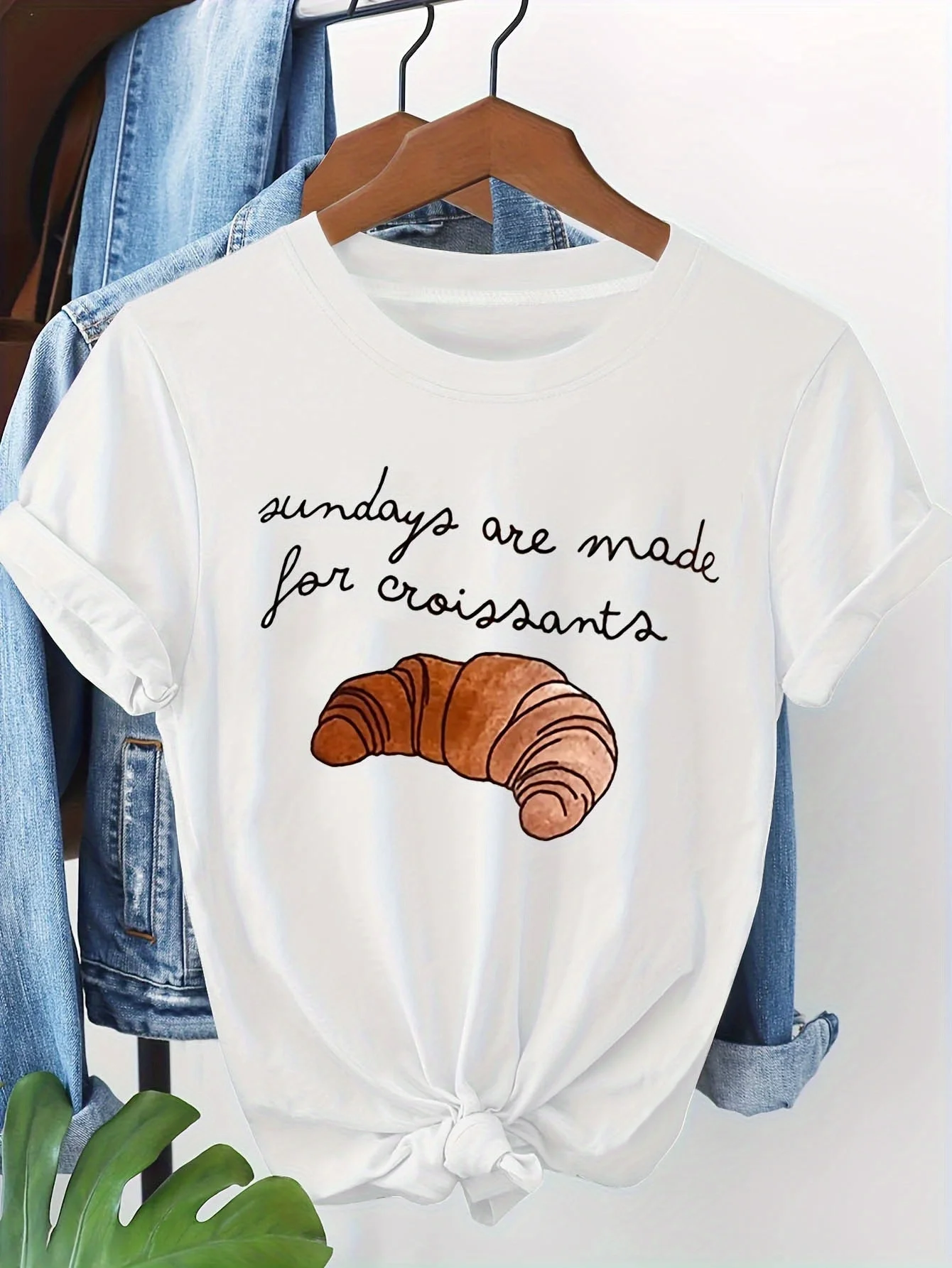 Camiseta de mujer de manga corta Y2K Sundays Are Made for Croissants con estampado de letras y cuello redondo, Top informal diario para verano y primavera