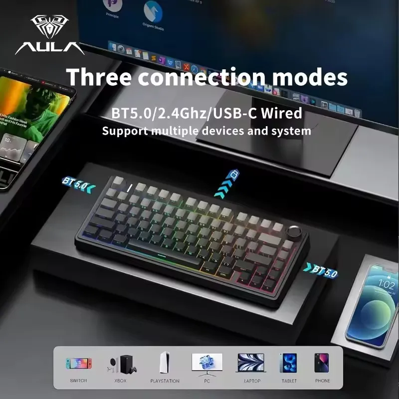 لوحة مفاتيح ميكانيكية للألعاب AULA F75 RGB 75% تخطيط جانبي نقش مخصص حشية مثبتة 80 مفتاح PBT أغطية مفاتيح لوحة مفاتيح لاسلكية