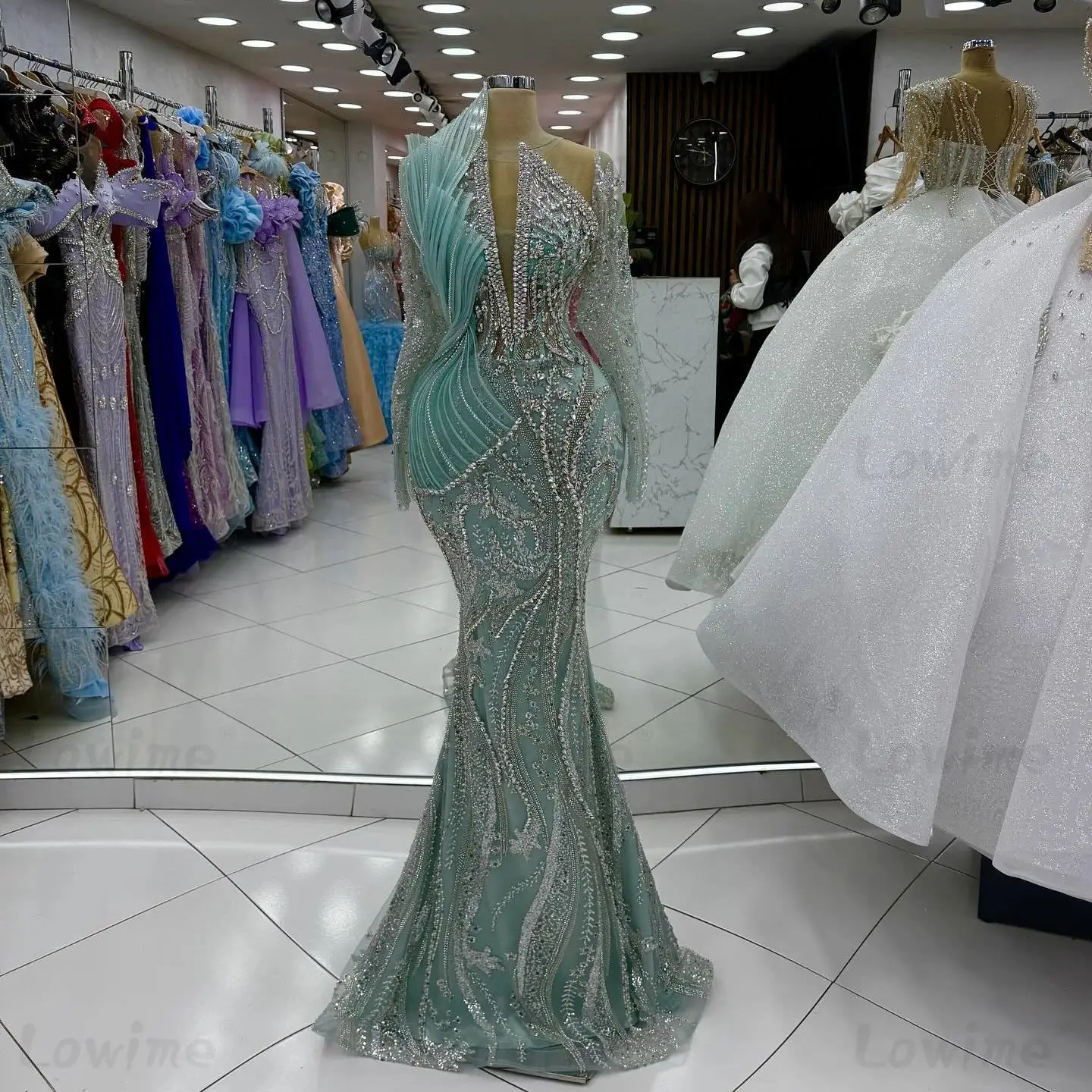 

Gorgeous Mint Mermaid Evening Dresses Customized Long Sleeves Crystal Beaded Engagement Party Gowns 2026 Arabic Prom Dress Robe