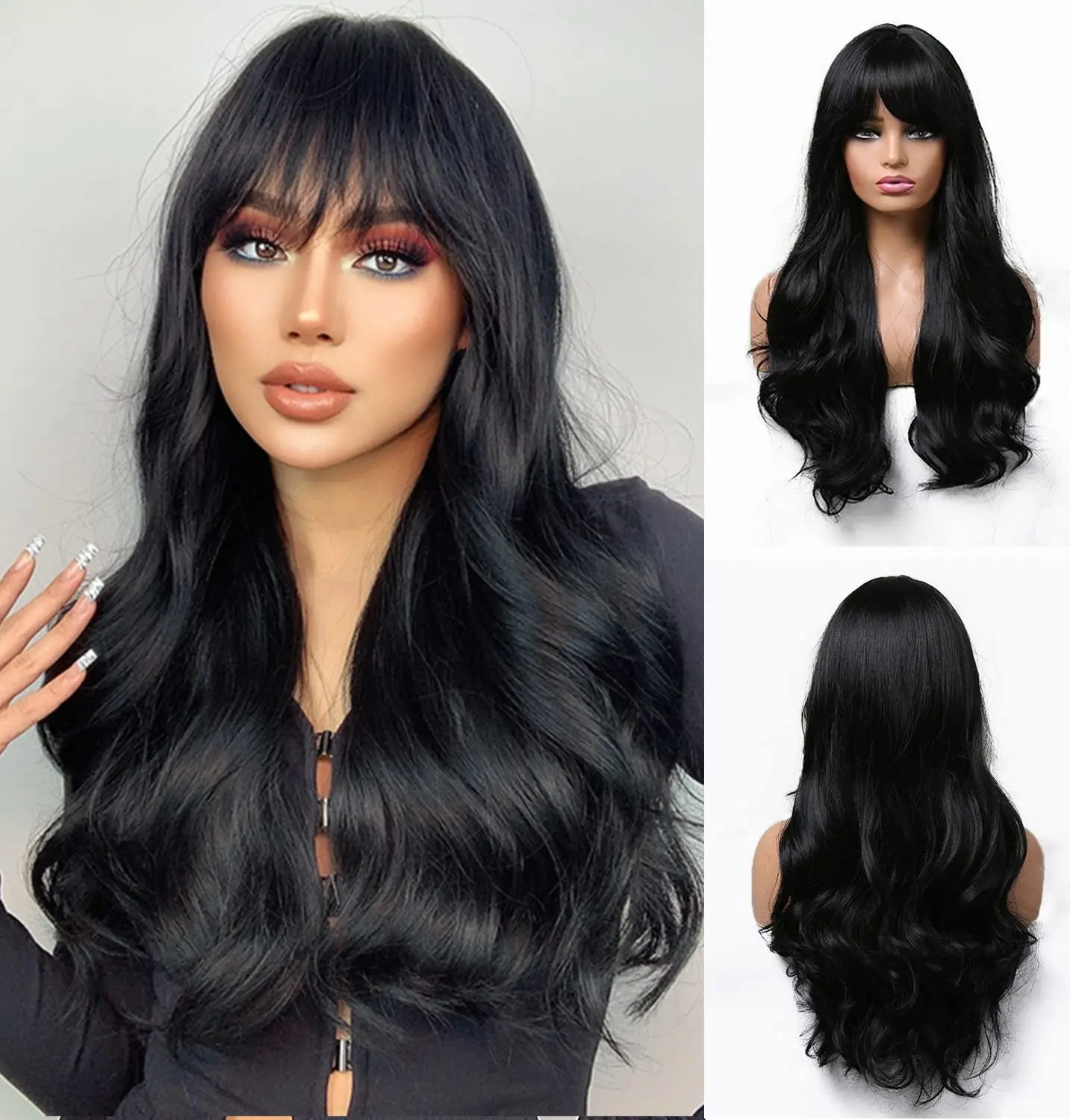

Black synthetic wig with big waves for Halloween party, cosplay wig, daily wig, high-temperature hair accessory wig set