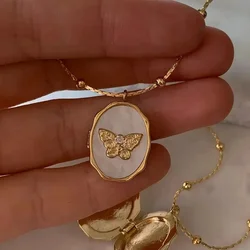 Vintage White Shell Butterfly Necklace for Women Openable Album Photo Frame Locket Geometric Pendant Necklaces Elegant Jewelry