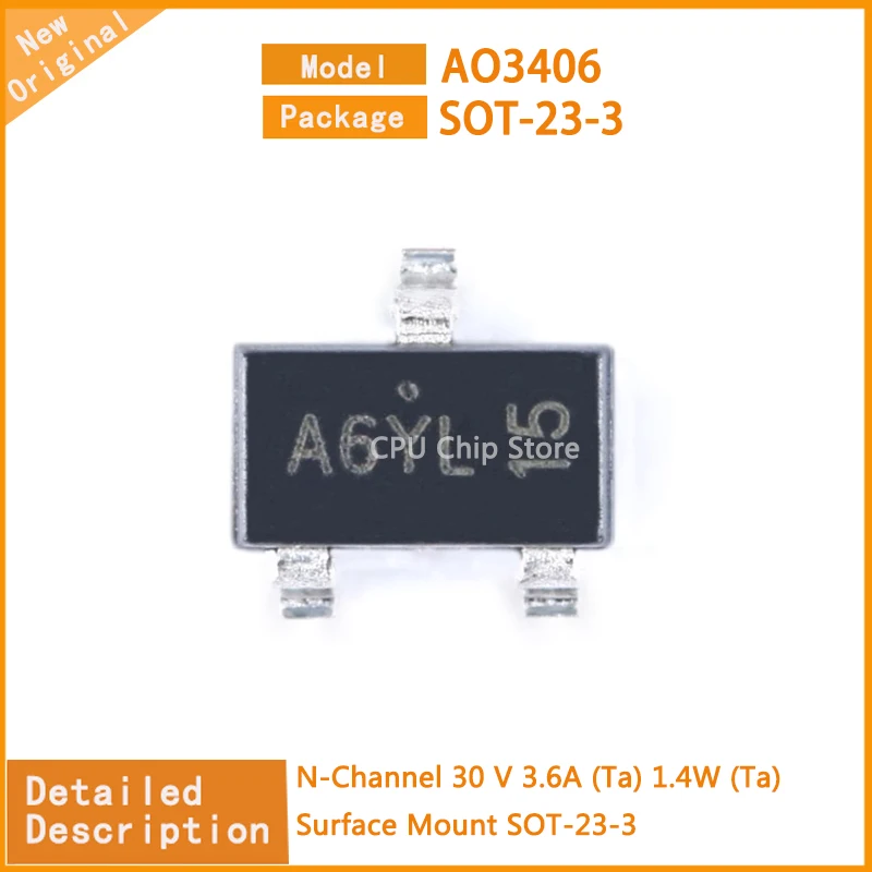 50Pcs/Lot  New Original  AO3406  AO34  N-Channel 30 V 3.6A (Ta) 1.4W (Ta) Surface Mount SOT-23-3