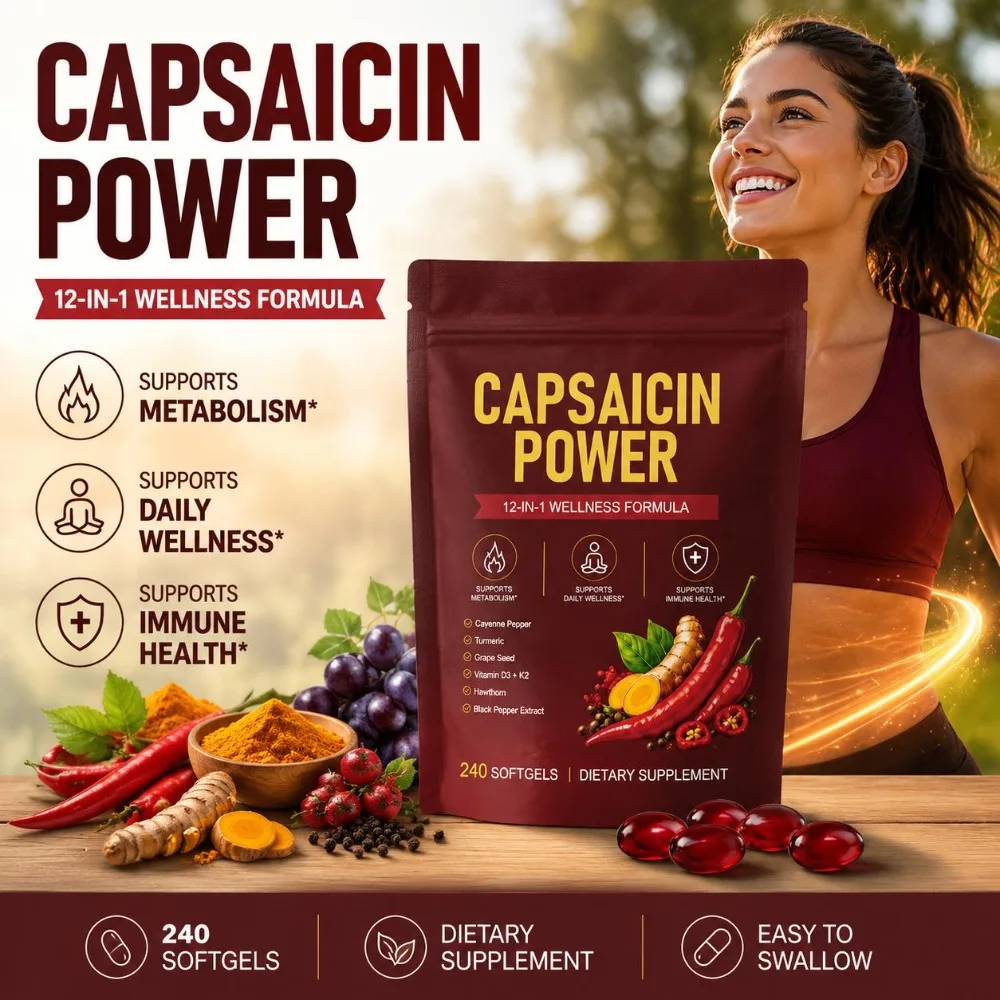 Capsaicin Power Softgels with Cayenne Pepper Turmeric CoQ10 12-in-1 Wellness Fomula for Immune Cardiovascular Supports 240 Count