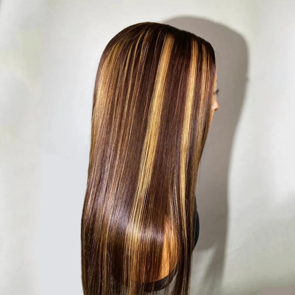 Glueless 24Inch Straight Highlight Brown Long 5x5 Silk Base Jewish Human Hair Wig Baby Hair HD Lace European Hair Preplucked