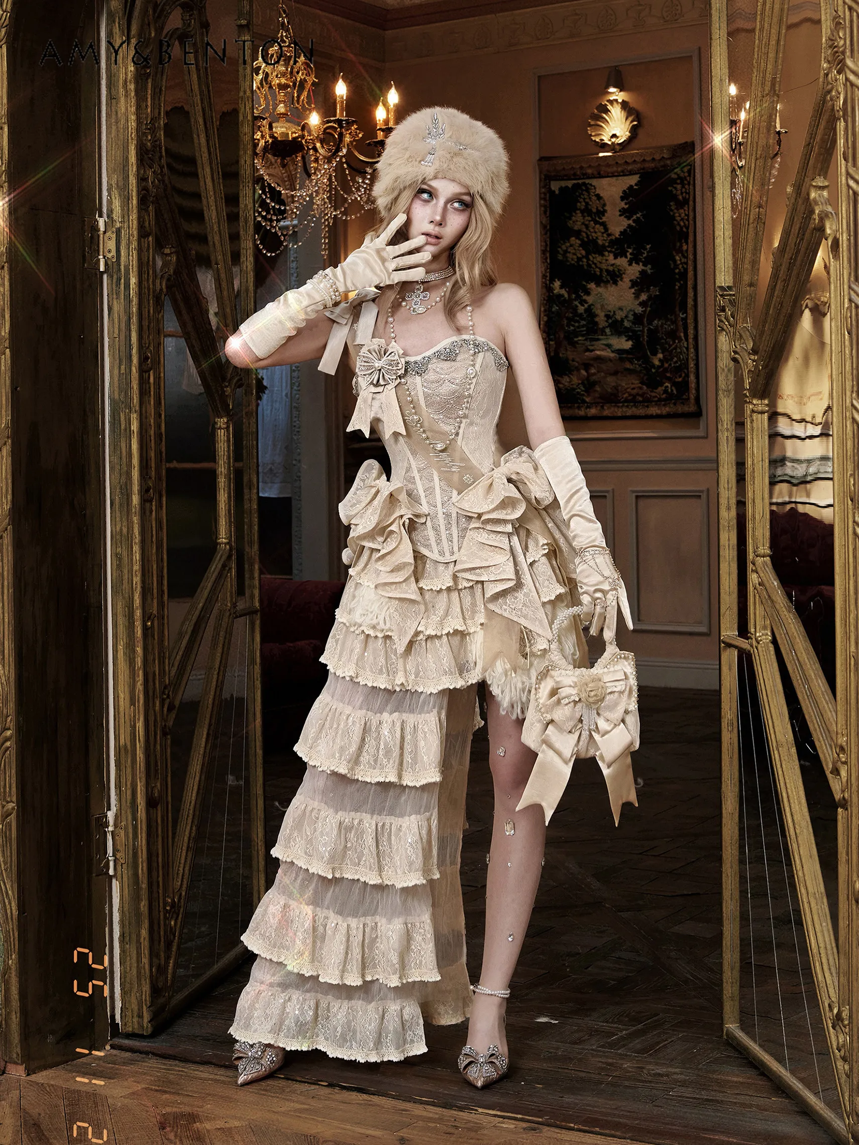 Francês gracioso estilo fada renda em camadas saia palácio retro cintura alta irregular mini saia feminina vestidos de noite de natal