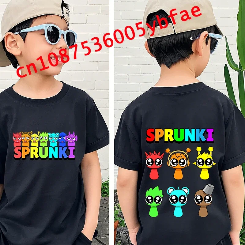 2025 Sprunki zwarte cartoon top met pure mouwen voor jongens en meisjes Leuke karakters bedrukte kinderkleding kinder T-shirt kort-