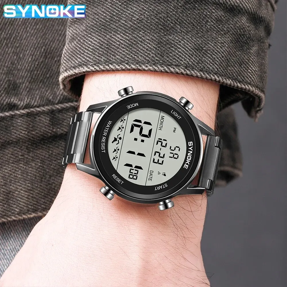 SYNOKE Top Luxury Stainless Steel Strap Sport Watches Mens Waterproof Back Light Digital Wristwatch Male Alarm