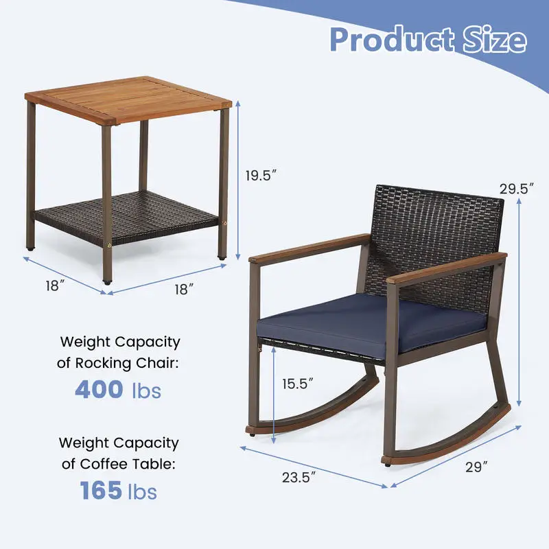 

3 Pieces Rattan Rocking Bistro Set with Coffee Table and Cushions-Navy