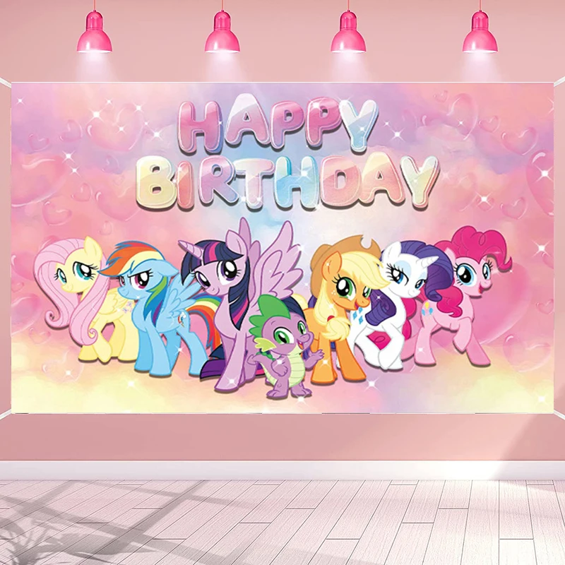 Free Customize Name Year Pony Party Backdrop Pink Pony Background Girls Baby Shower Cartoon Birthday Party Decoration Wall Decor