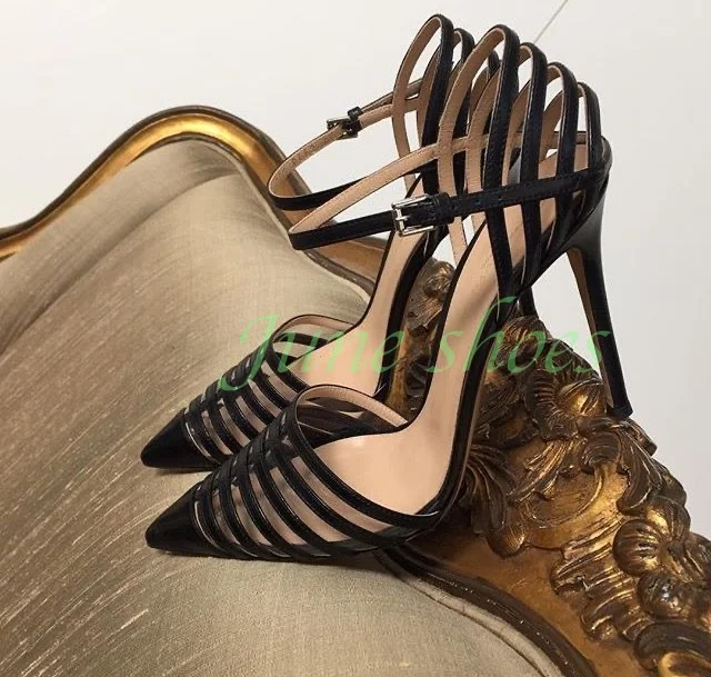 

Lady Sexy Gladiator Black Pvc Design Pumps Pointed Toe Buckle Strap Cover Heel Back High Heels Fall Footwear Pumps Size 34-46