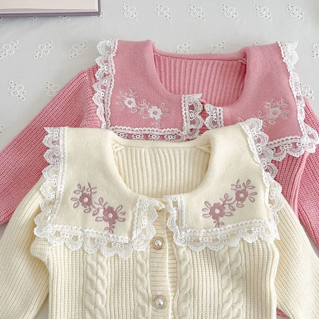 2pcs Girls Clothing Set Embroidery Floral Sailor Collar One Breasted Sweater+High Waist A-Line Soft Knitted Skirt TwoPieces Suit