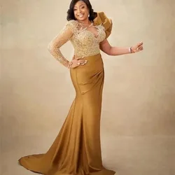Sexy Arabic Gold Mermaid Mother Of Bride Dresses Mother Of Groom Gown Beads Lace Prom Evening Formal Party Customized