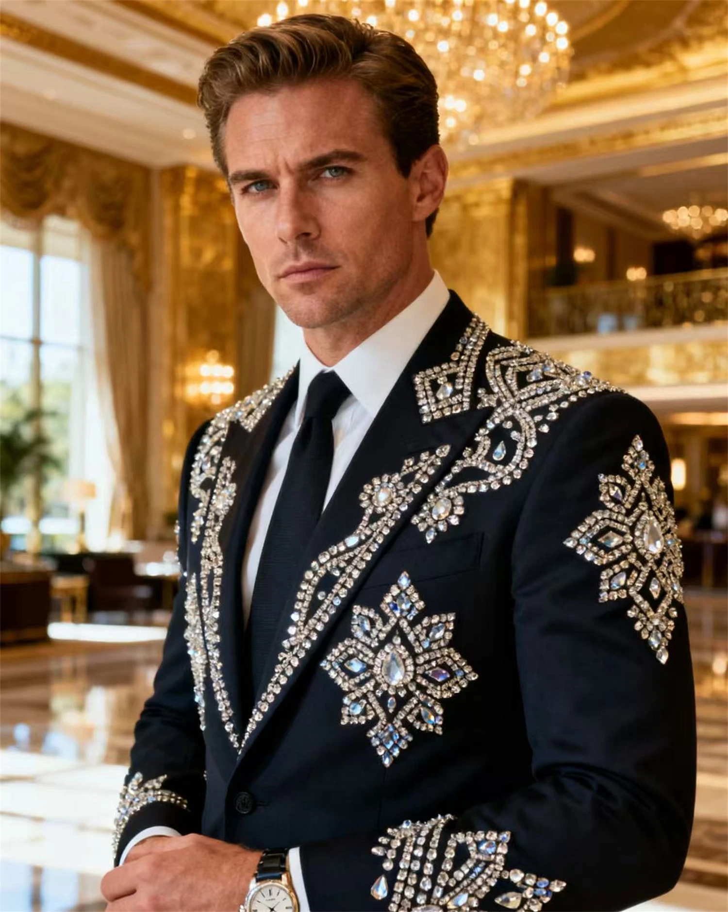 

Роскошные приталенные мужские костюмы со стразами и бисером, свадебные смокинги с блестящими остроконечными лацканами, Ropa hombre, комплекты из 2 предметов, мужские пиджаки для жениха