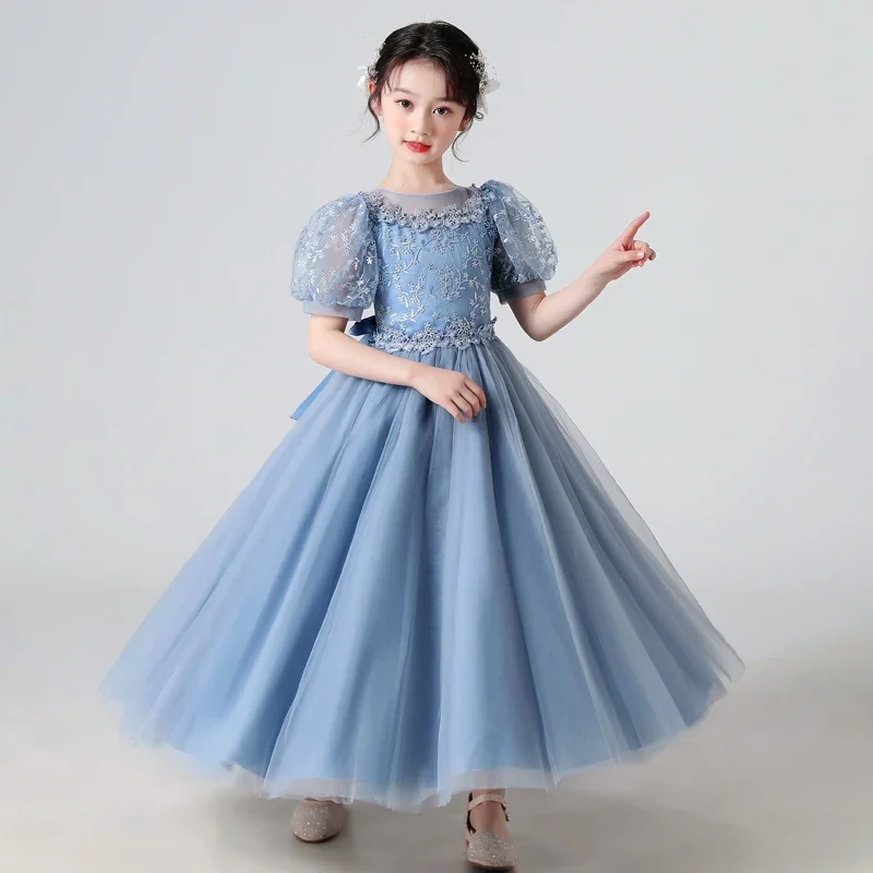 

Girls Dress Summer Princess Dresses Sequins Puff Sleeve Ankle-Length Mesh Flower Girl One-piece For Wedding Evening Party