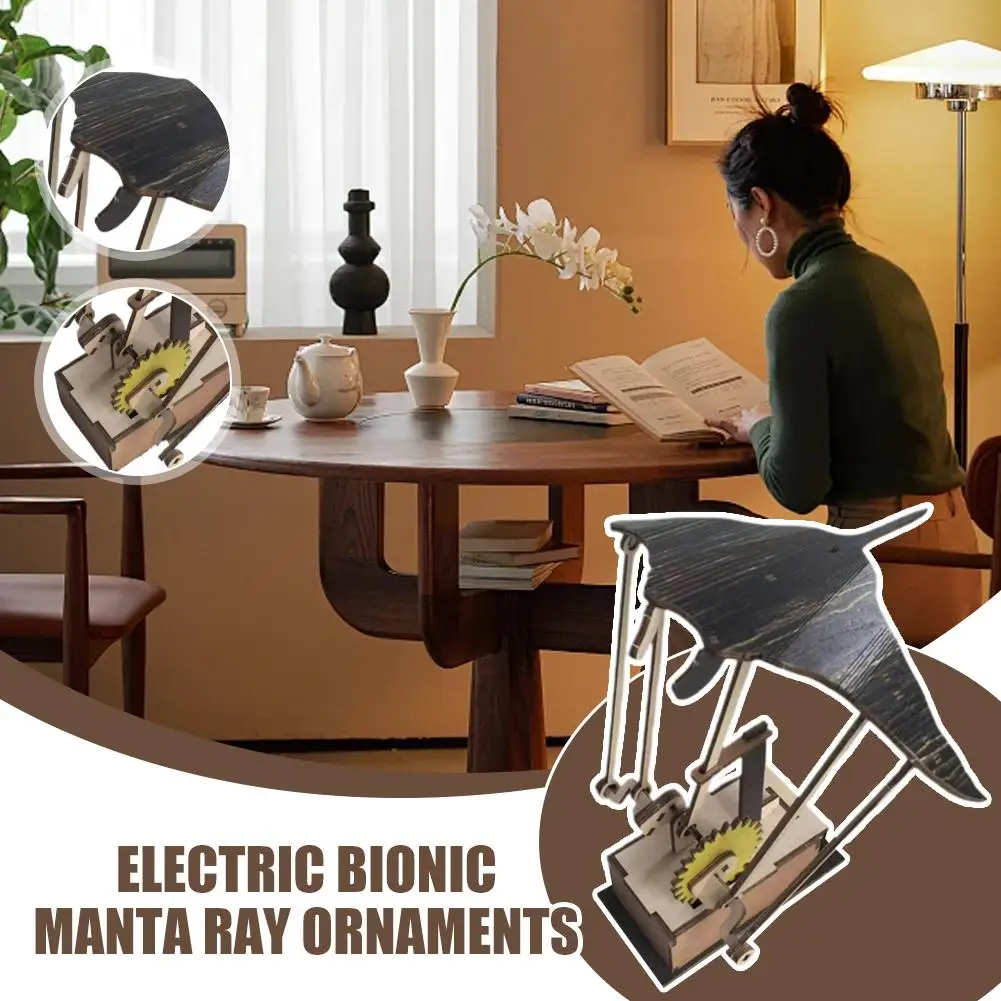Estatuilla de Manta Ray motorizada de madera hecha a mano, movimiento de combinación de natación biónica, juguete de adorno de Manta Ray eléctrico