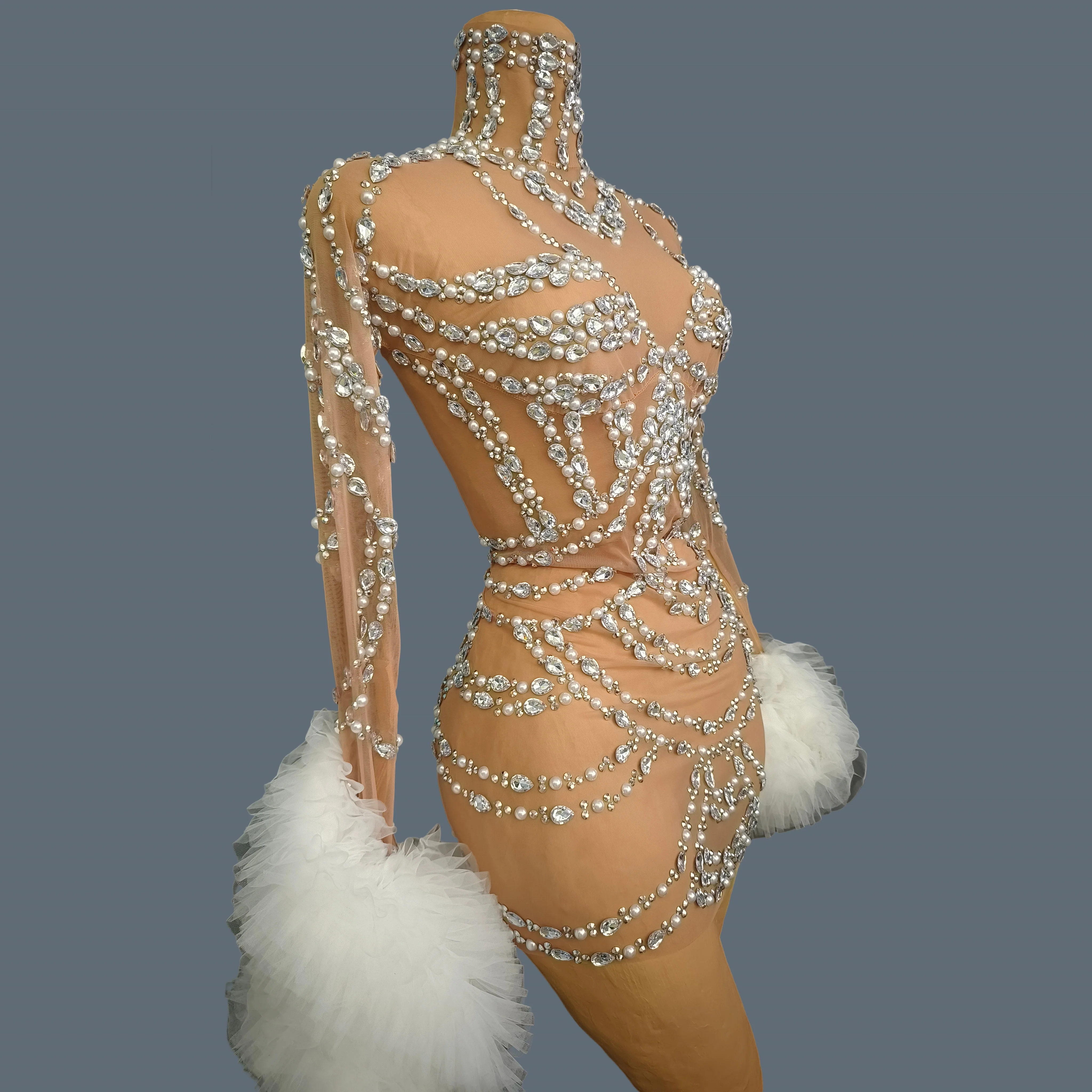

Sparkly Silver Rhinestone Pearls Mini Dress gig aNight Party Wear Tight Fitting Cocktail Dress Sexy High-end Mesh Dress Maozhua